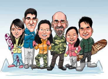 family caricature skiing