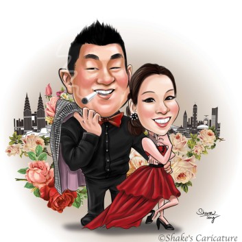 wedding caricature with flower